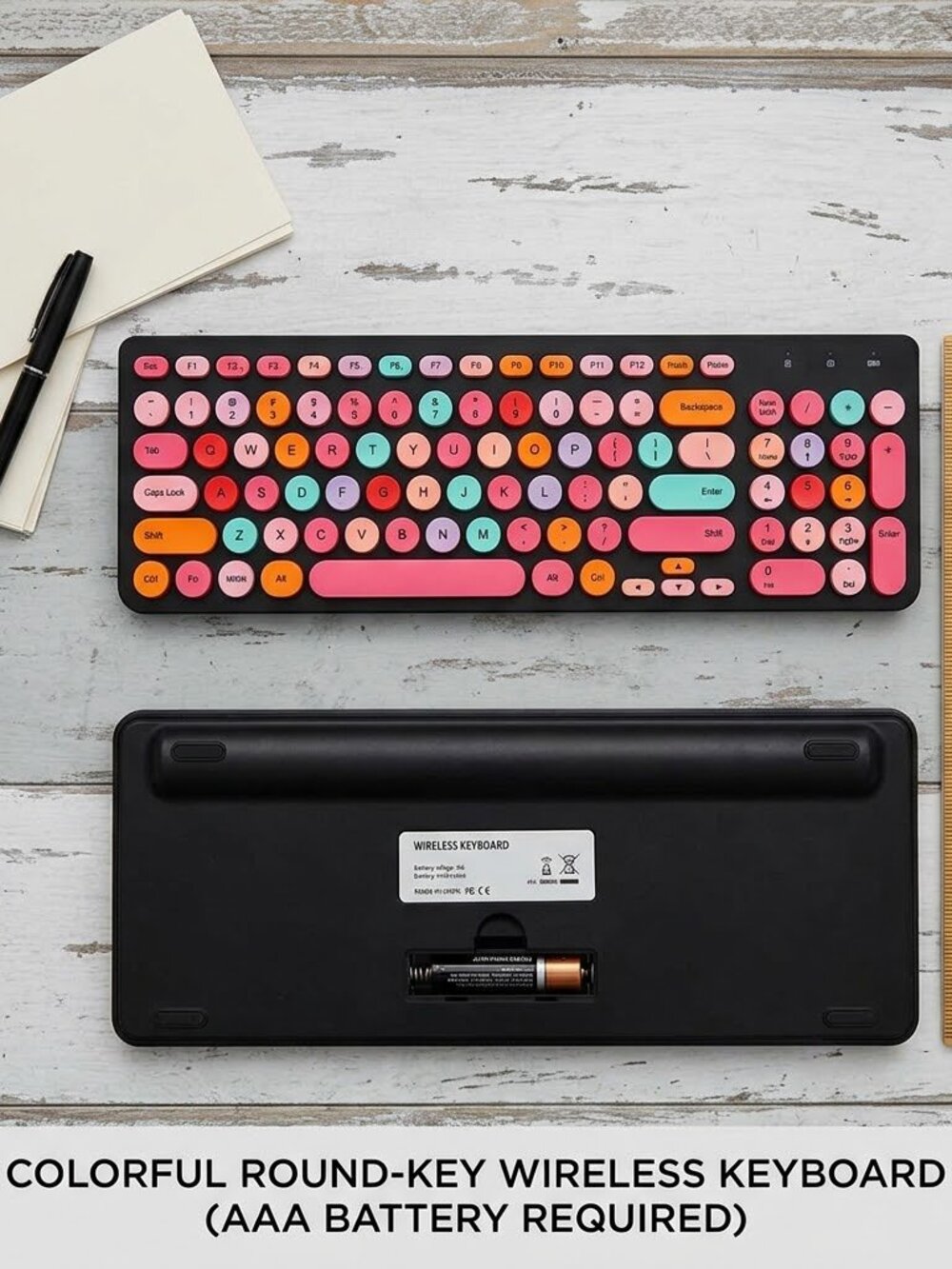 Colorful Round Key Wireless Keyboard - Black & Vibrant Multi-Color Keys